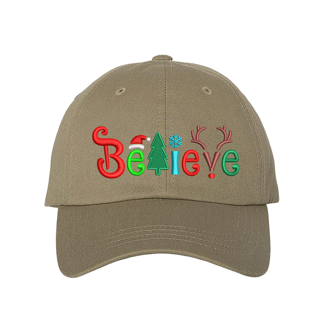 Khaki Believe Christmas Embroidered Baseball Hat with festive holiday stitching, curved brim, and adjustable hook-and-loop closure – DSY Lifestyle