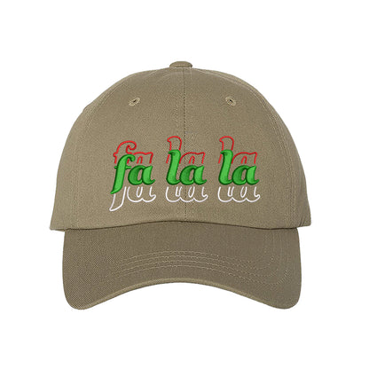 Khaki Fa La La Christmas Stacked Embroidered Baseball Hat with festive embroidery and adjustable fit, perfect for holiday style and Christmas cheer – DSY Lifestyle.