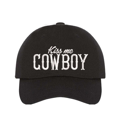 Black Kiss Me Cowboy embroidered baseball hat with a curved brim and adjustable hook-and-loop closure, perfect for country concerts and rodeo lovers – DSY Lifestyle
