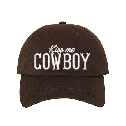Brown Kiss Me Cowboy embroidered baseball hat with a curved brim and adjustable hook-and-loop closure, perfect for country concerts and rodeo lovers – DSY Lifestyle