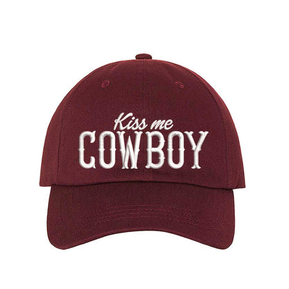Burgundy Kiss Me Cowboy embroidered baseball hat with a curved brim and adjustable hook-and-loop closure, perfect for country concerts and rodeo lovers – DSY Lifestyle