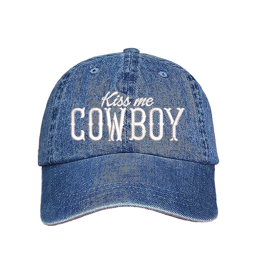 Light Denim Kiss Me Cowboy embroidered baseball hat with a curved brim and adjustable hook-and-loop closure, perfect for country concerts and rodeo lovers – DSY Lifestyle