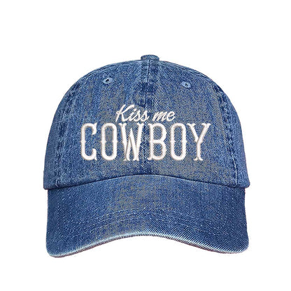 Light Denim Kiss Me Cowboy embroidered baseball hat with a curved brim and adjustable hook-and-loop closure, perfect for country concerts and rodeo lovers – DSY Lifestyle