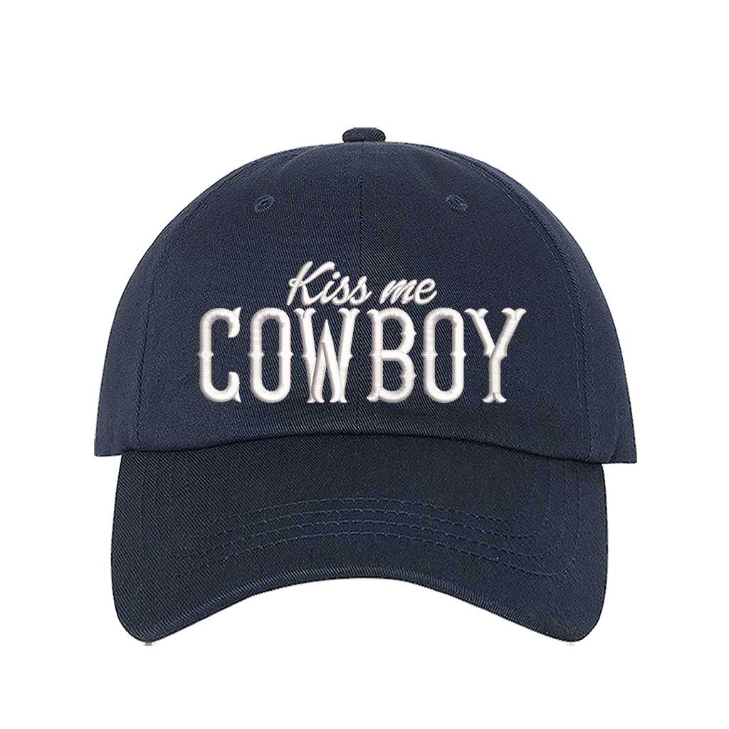 Navy Blue Kiss Me Cowboy embroidered baseball hat with a curved brim and adjustable hook-and-loop closure, perfect for country concerts and rodeo lovers – DSY Lifestyle