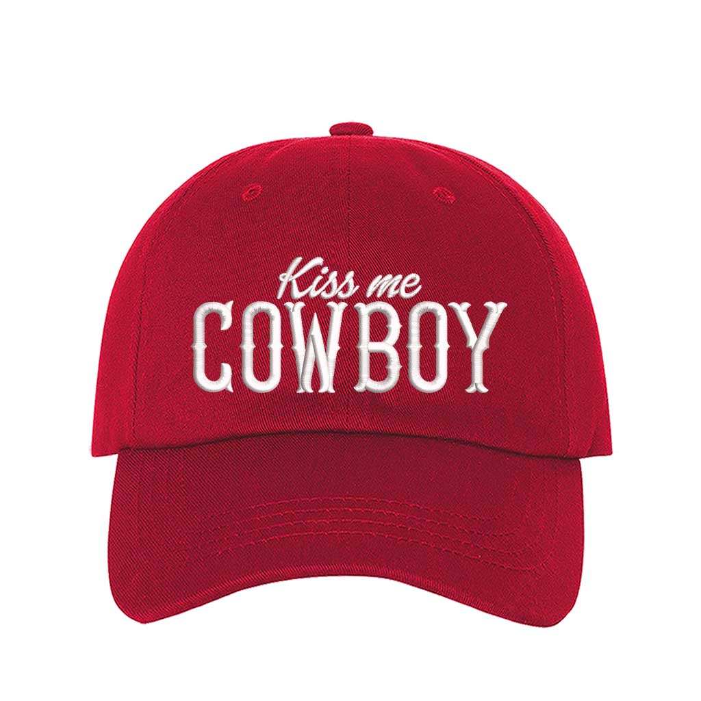 Red Kiss Me Cowboy embroidered baseball hat with a curved brim and adjustable hook-and-loop closure, perfect for country concerts and rodeo lovers – DSY Lifestyle