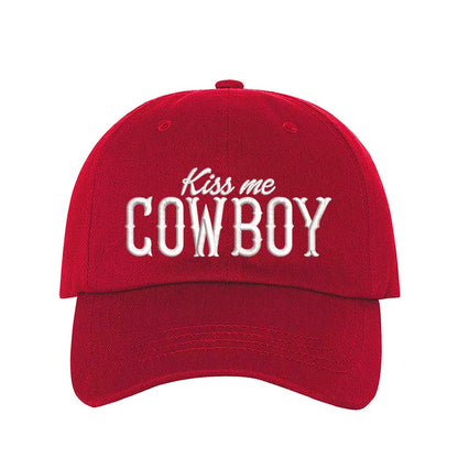 Red Kiss Me Cowboy embroidered baseball hat with a curved brim and adjustable hook-and-loop closure, perfect for country concerts and rodeo lovers – DSY Lifestyle