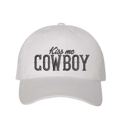 White Kiss Me Cowboy embroidered baseball hat with a curved brim and adjustable hook-and-loop closure, perfect for country concerts and rodeo lovers – DSY Lifestyle