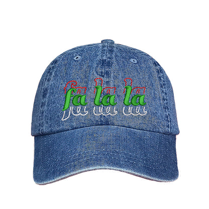 Light Denim Fa La La Christmas Stacked Embroidered Baseball Hat with festive embroidery and adjustable fit, perfect for holiday style and Christmas cheer – DSY Lifestyle.