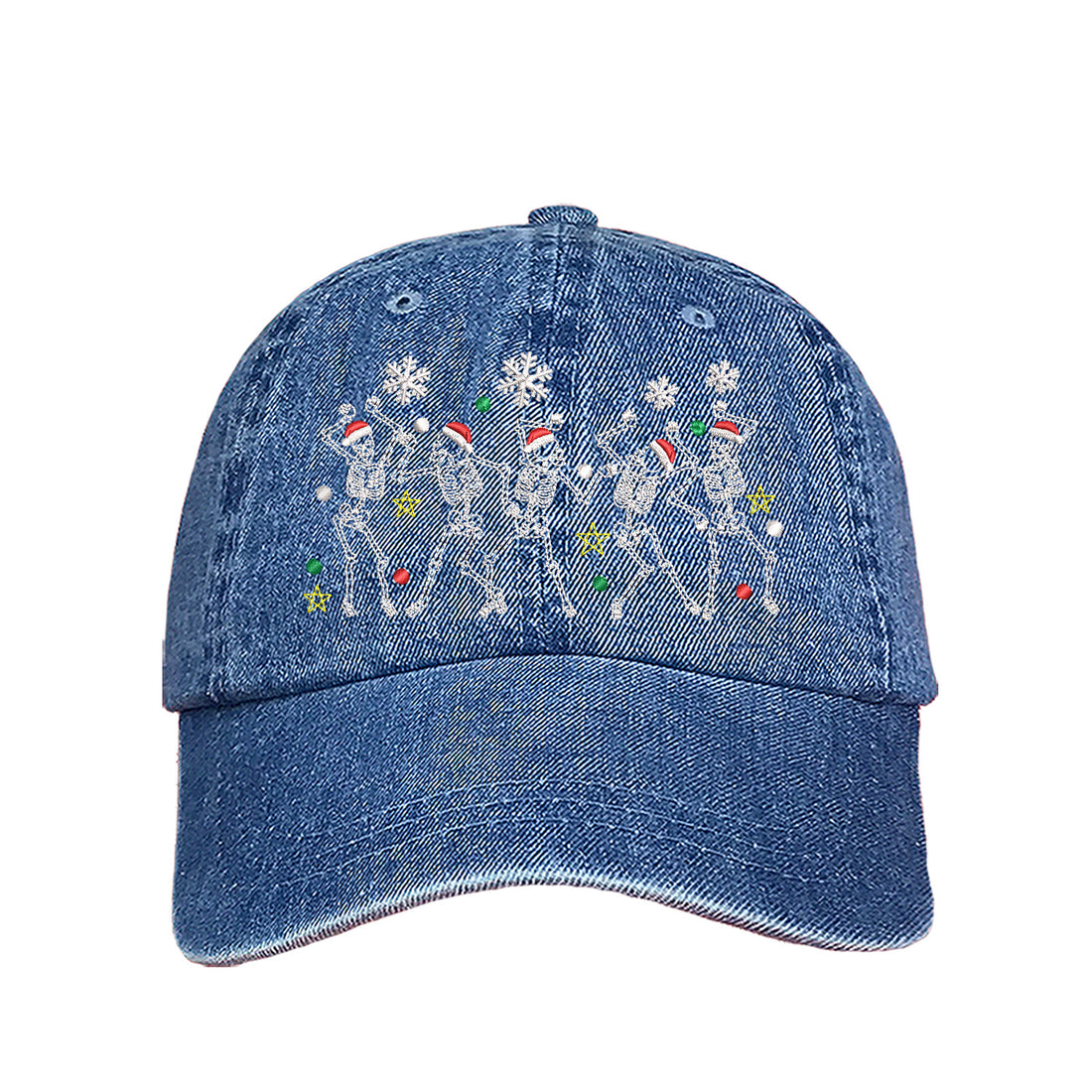Light Denim Dancing Skeletons Christmas Embroidered Baseball Hat featuring festive dancing skeleton embroidery and adjustable hook and loop closure – DSY Lifestyle.