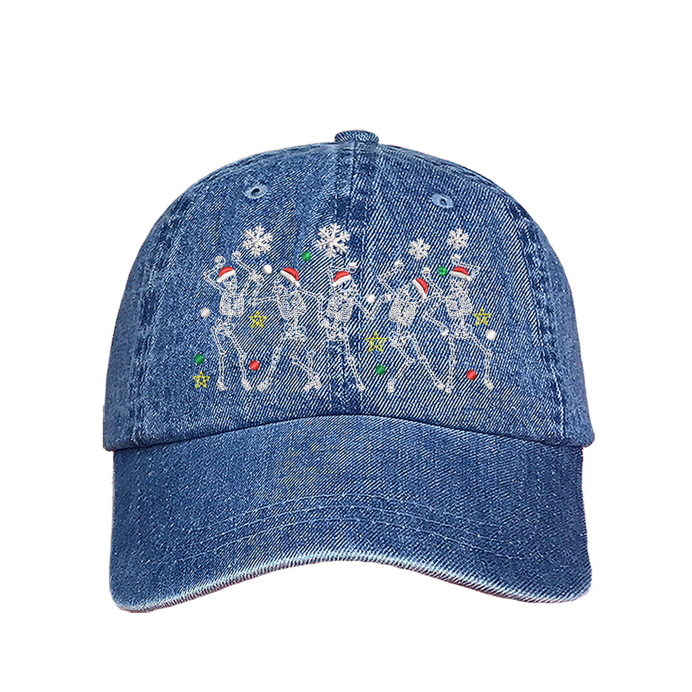 Light Denim Dancing Skeletons Christmas Embroidered Baseball Hat featuring festive dancing skeleton embroidery and adjustable hook and loop closure – DSY Lifestyle.