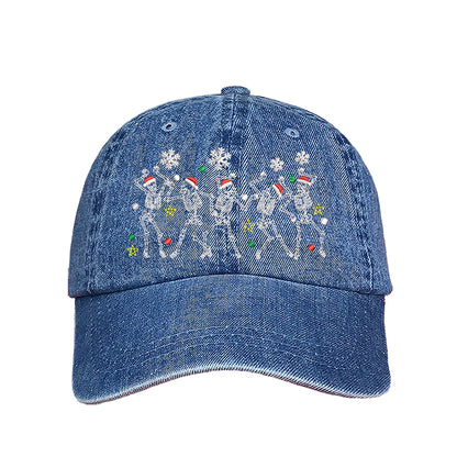 Light Denim Dancing Skeletons Christmas Embroidered Baseball Hat featuring festive dancing skeleton embroidery and adjustable hook and loop closure – DSY Lifestyle.