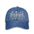 Light Denim Dancing Skeletons Christmas Embroidered Baseball Hat featuring festive dancing skeleton embroidery and adjustable hook and loop closure – DSY Lifestyle.