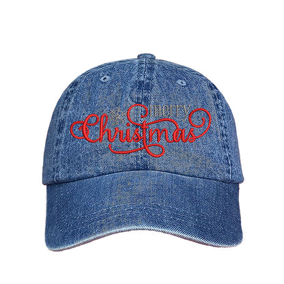 Light Denim Merry Christmas Snowflake Embroidered Baseball Hat featuring festive red and white embroidery, curved brim, and adjustable hook and loop closure for holiday style. - DSY Lifestyle
