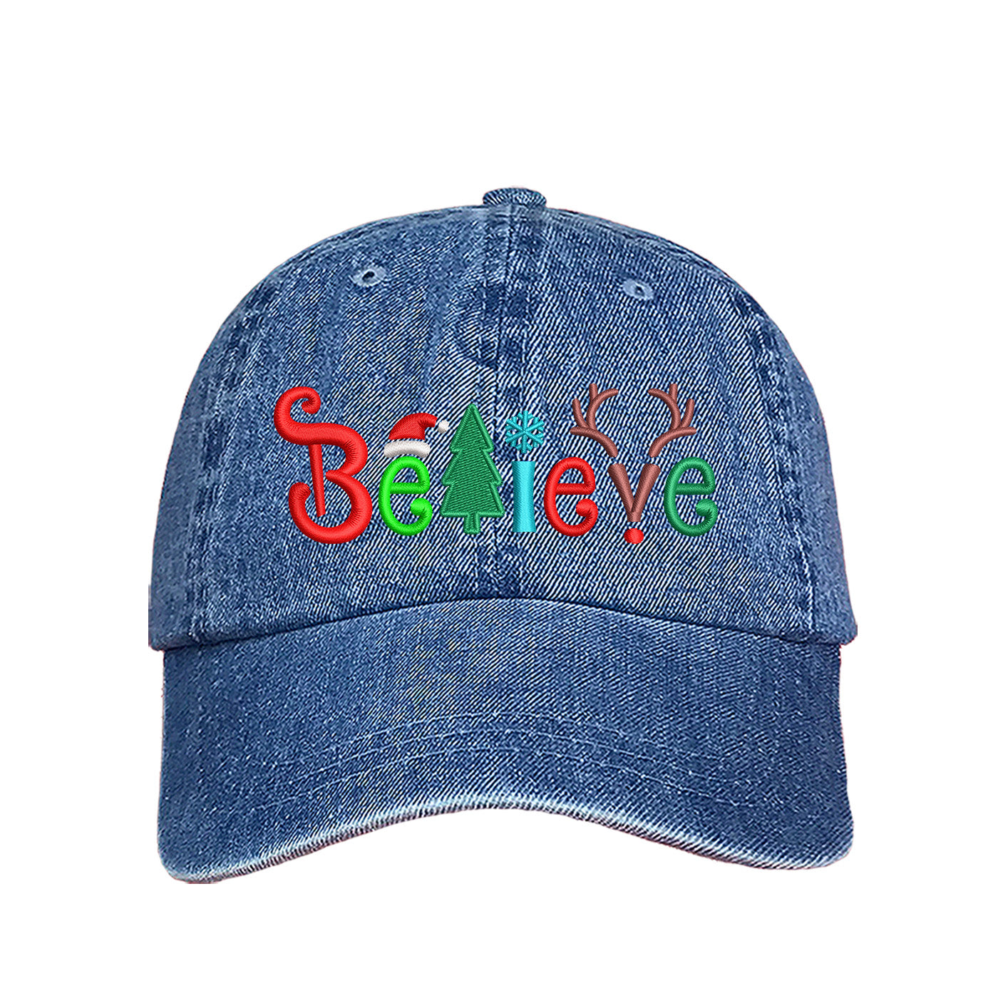 Light Denim Believe Christmas Embroidered Baseball Hat with festive holiday stitching, curved brim, and adjustable hook-and-loop closure – DSY Lifestyle