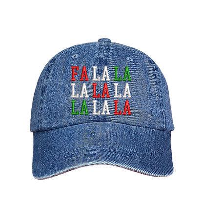 Light Denim Fa La La Christmas Block Embroidered Baseball Hat featuring festive block embroidery, breathable cotton, and adjustable fit for a merry holiday look. – DSY Lifestyle