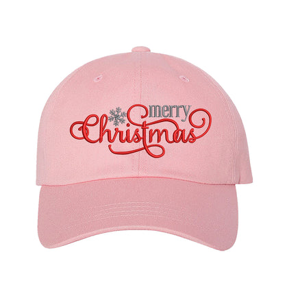 Light Pink Merry Christmas Snowflake Embroidered Baseball Hat featuring festive red and white embroidery, curved brim, and adjustable hook and loop closure for holiday style. - DSY Lifestyle