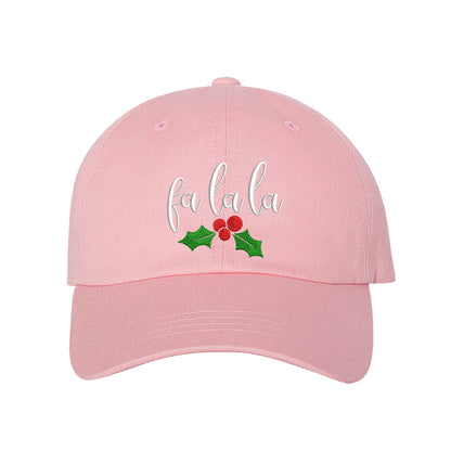 Light Pink Fa La La Christmas Mistletoe Embroidered Baseball Hat featuring festive holiday embroidery with mistletoe design and adjustable hook and loop fit. – DSY Lifestyle