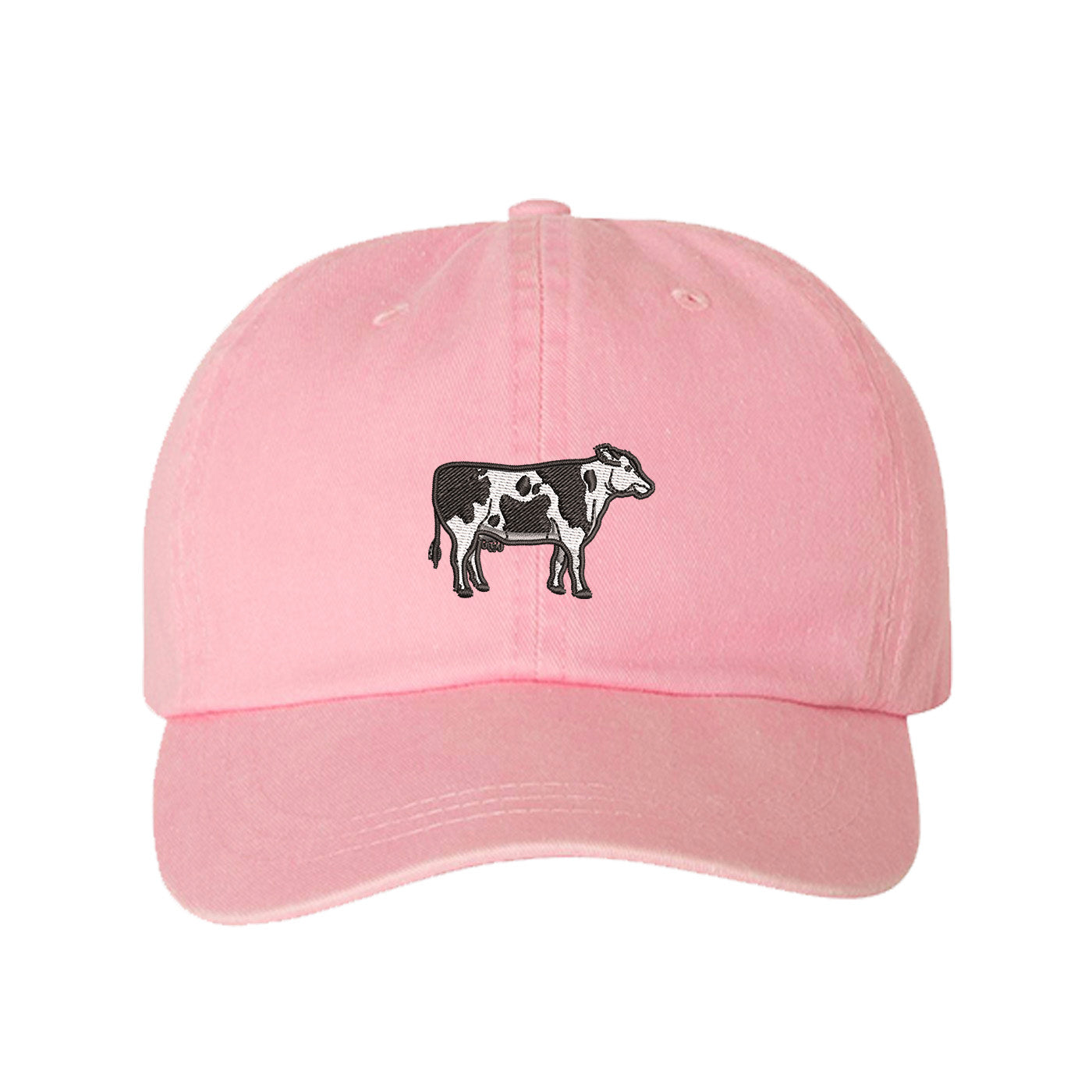 Light Pink Holstein Cow Washed Baseball Hat featuring a detailed black and white Holstein cow embroidered on a premium washed cotton crown; a heritage-inspired farm life piece by DSY Lifestyle.