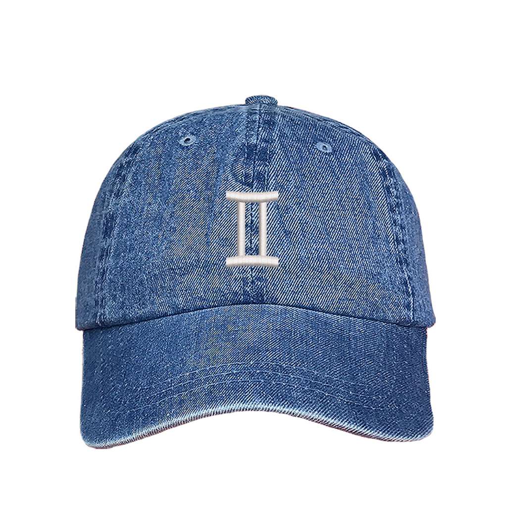 Light denim baseball hat embroidered with a gemini sign on it- DSY Lifestyle