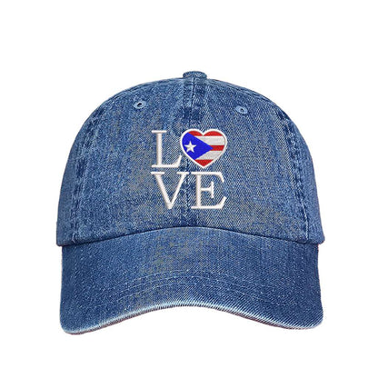 Light denim baseball hat embroidered with the word love with the o being in the hsape of a heart with the puerto rico flag-DSY Lifestyle