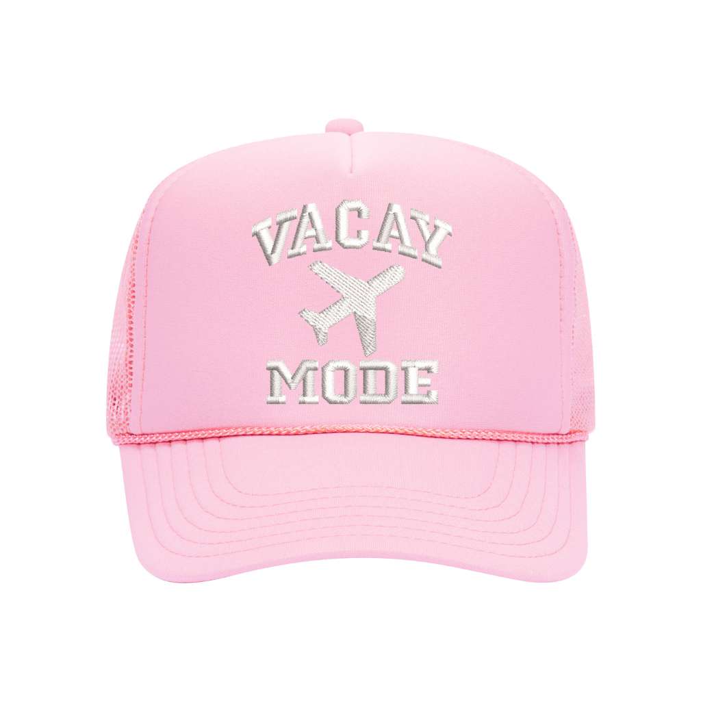 Light pink foam trucker hat embroidered with the phrase vacay mode and a airplane- DSY Lifestyle