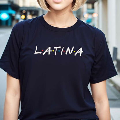 Female wearing a Black unisex tshirt embroidered with Latina - DSY Lifestyle