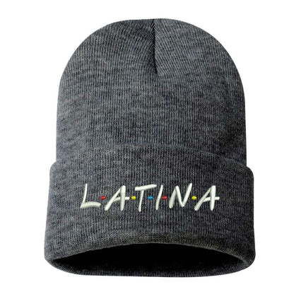 Dark Heather Gray Beanie embroidered with Latina in friends show font - DSY Lifestyle 