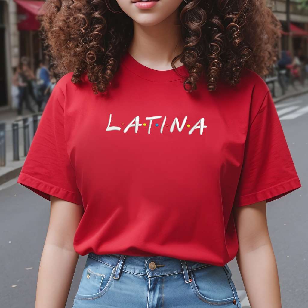 Female wearing a red unisex tshirt embroidered with Latina - DSY Lifestyle