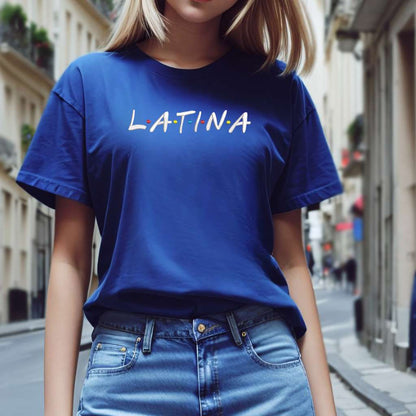 Female wearing a Royal Blue unisex tshirt embroidered with Latina - DSY Lifestyle