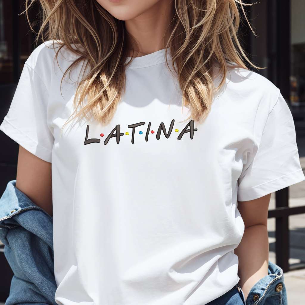 Female wearing a white unisex tshirt embroidered with Latina - DSY Lifestyle