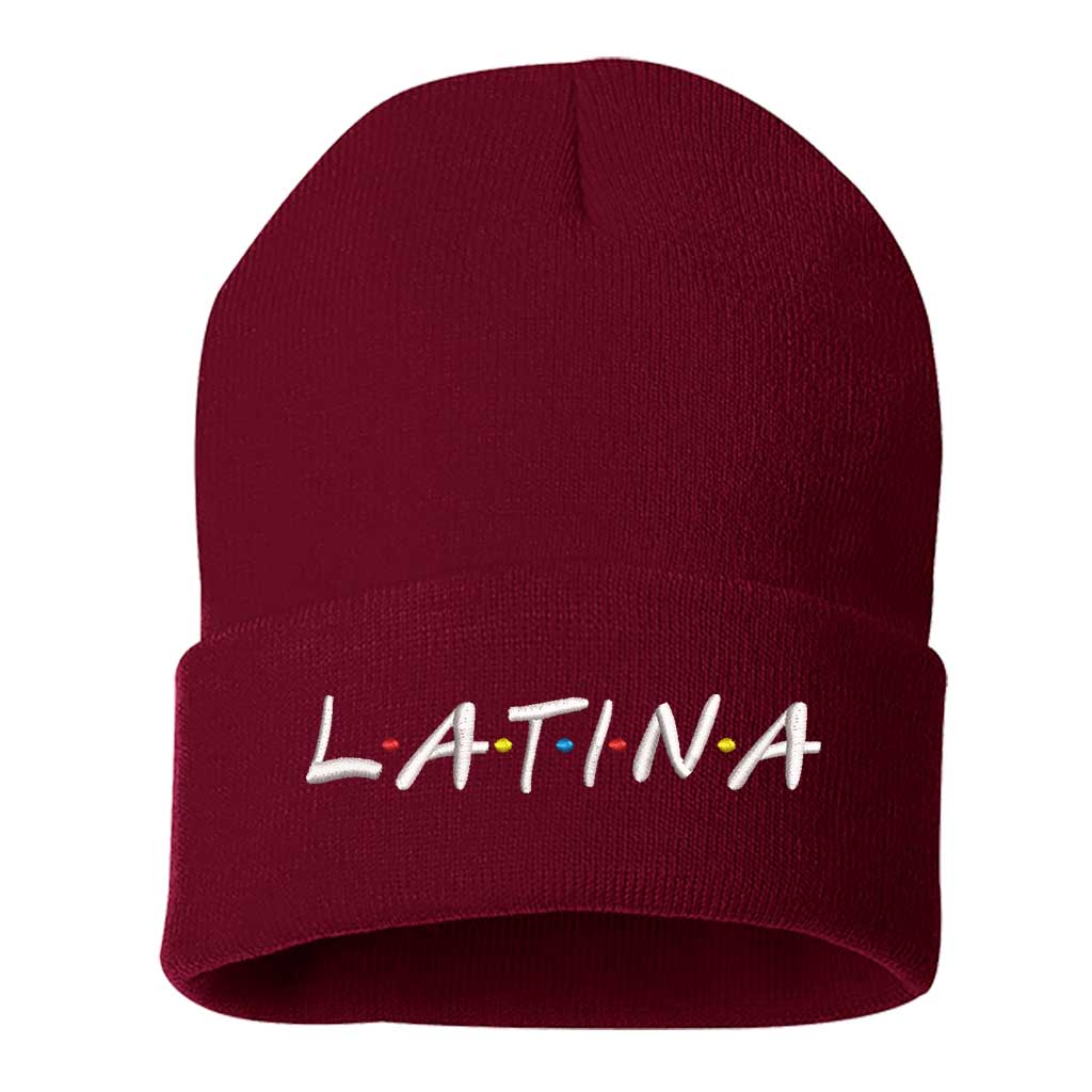 Burgundy Cozy knit beanie with Latina embroidery, a warm winter accessory celebrating cultural pride and stylish Latina fashion