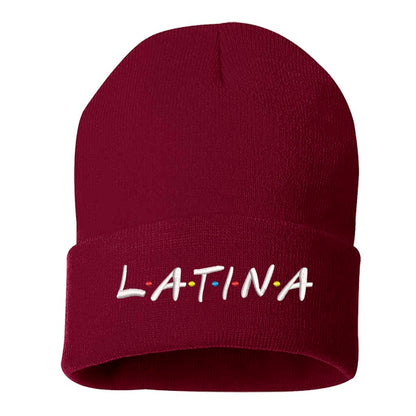 Burgundy Cozy knit beanie with Latina embroidery, a warm winter accessory celebrating cultural pride and stylish Latina fashion
