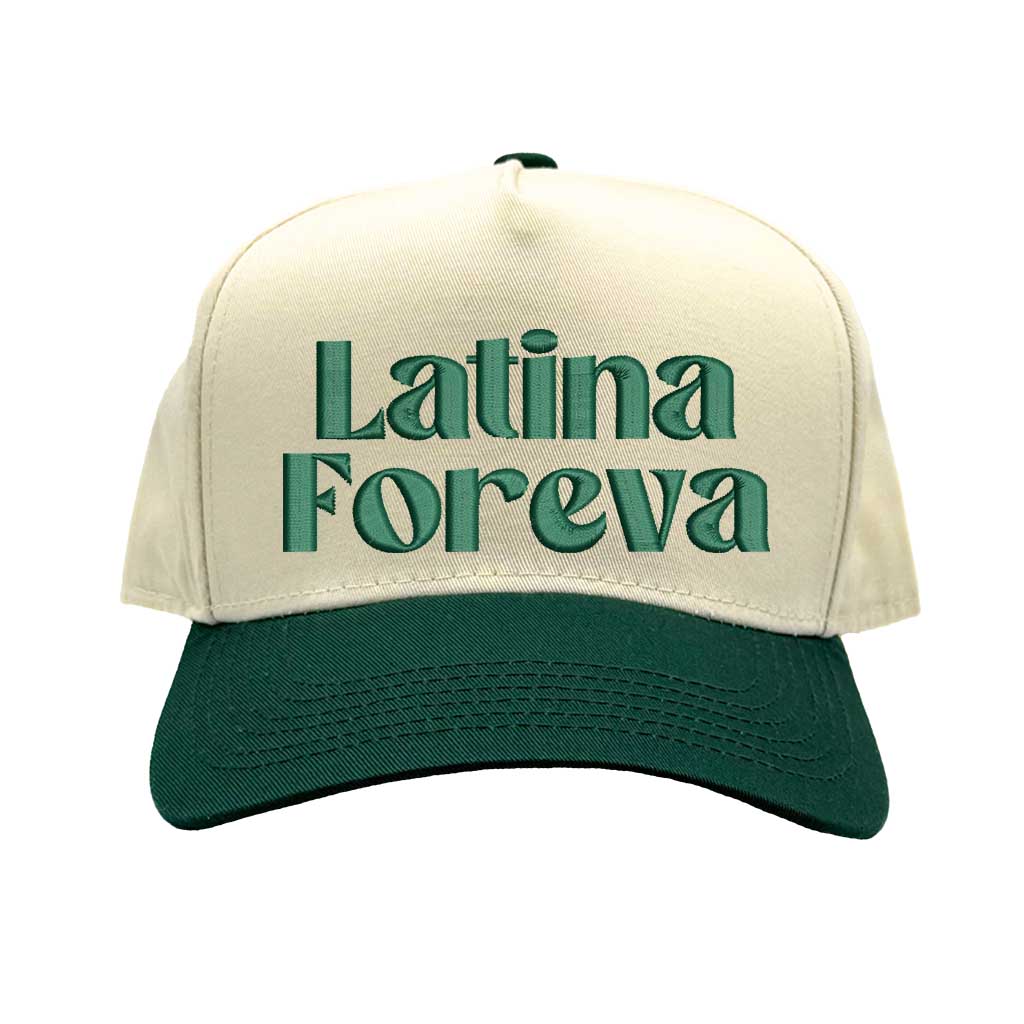 Natural Forest Green Latina Foreva Two Tone 5 Panel Embroidered Baseball Hat featuring bold embroidery and snapback closure celebrating Latina pride and empowerment – DSY Lifestyle