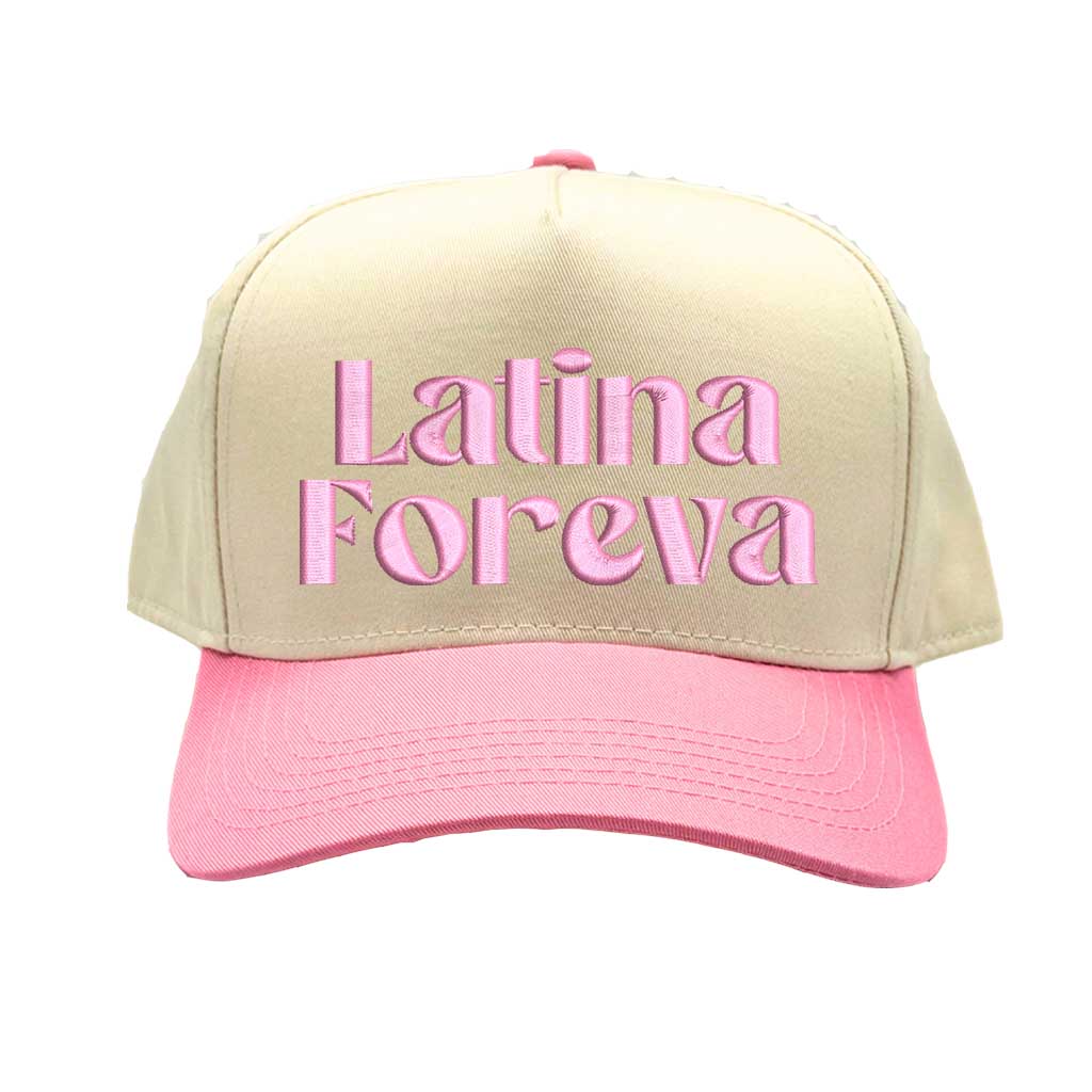 Natural Light Pink Latina Foreva Two Tone 5 Panel Embroidered Baseball Hat featuring bold embroidery and snapback closure celebrating Latina pride and empowerment – DSY Lifestyle