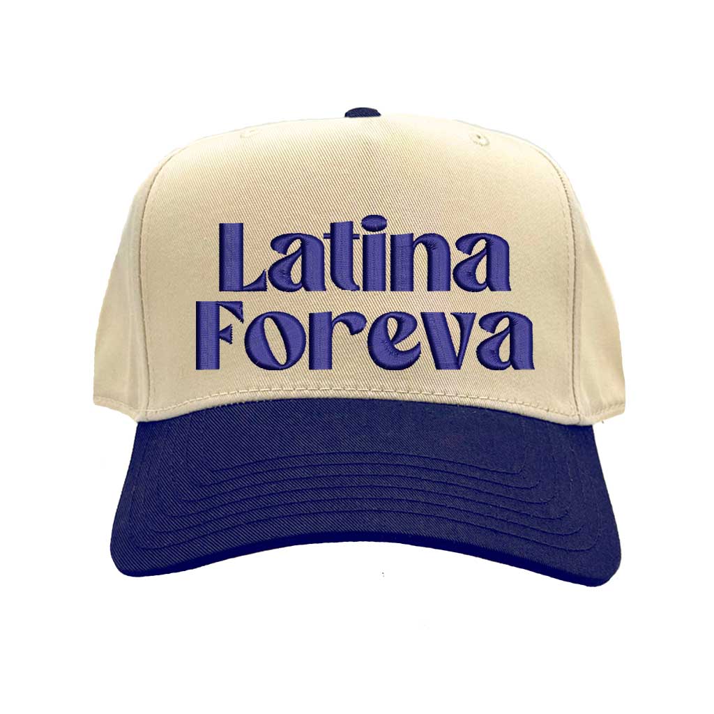Natural Navy Blue Latina Foreva Two Tone 5 Panel Embroidered Baseball Hat featuring bold embroidery and snapback closure celebrating Latina pride and empowerment – DSY Lifestyle