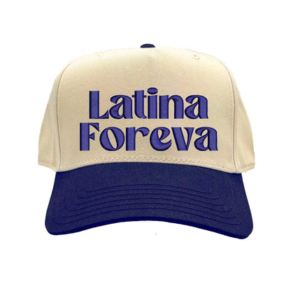 Natural Navy Blue Latina Foreva Two Tone 5 Panel Embroidered Baseball Hat featuring bold embroidery and snapback closure celebrating Latina pride and empowerment – DSY Lifestyle