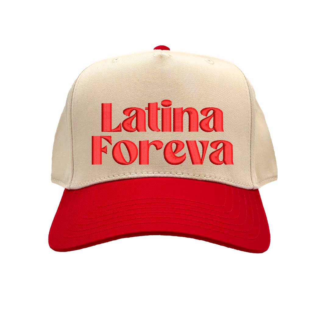 Natural Red Latina Foreva Two Tone 5 Panel Embroidered Baseball Hat featuring bold embroidery and snapback closure celebrating Latina pride and empowerment – DSY Lifestyle