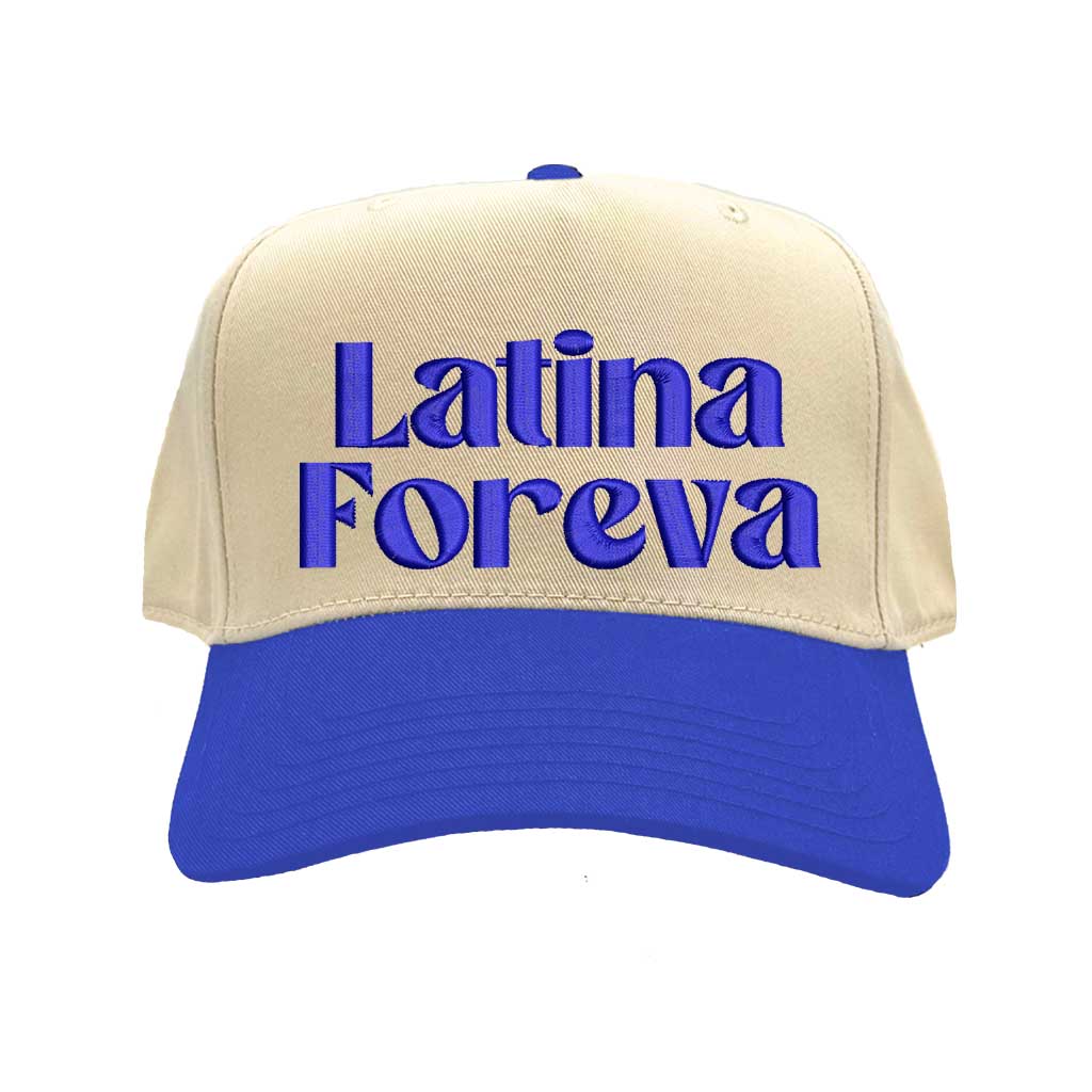 Natural Royal Blue Latina Foreva Two Tone 5 Panel Embroidered Baseball Hat featuring bold embroidery and snapback closure celebrating Latina pride and empowerment – DSY Lifestyle