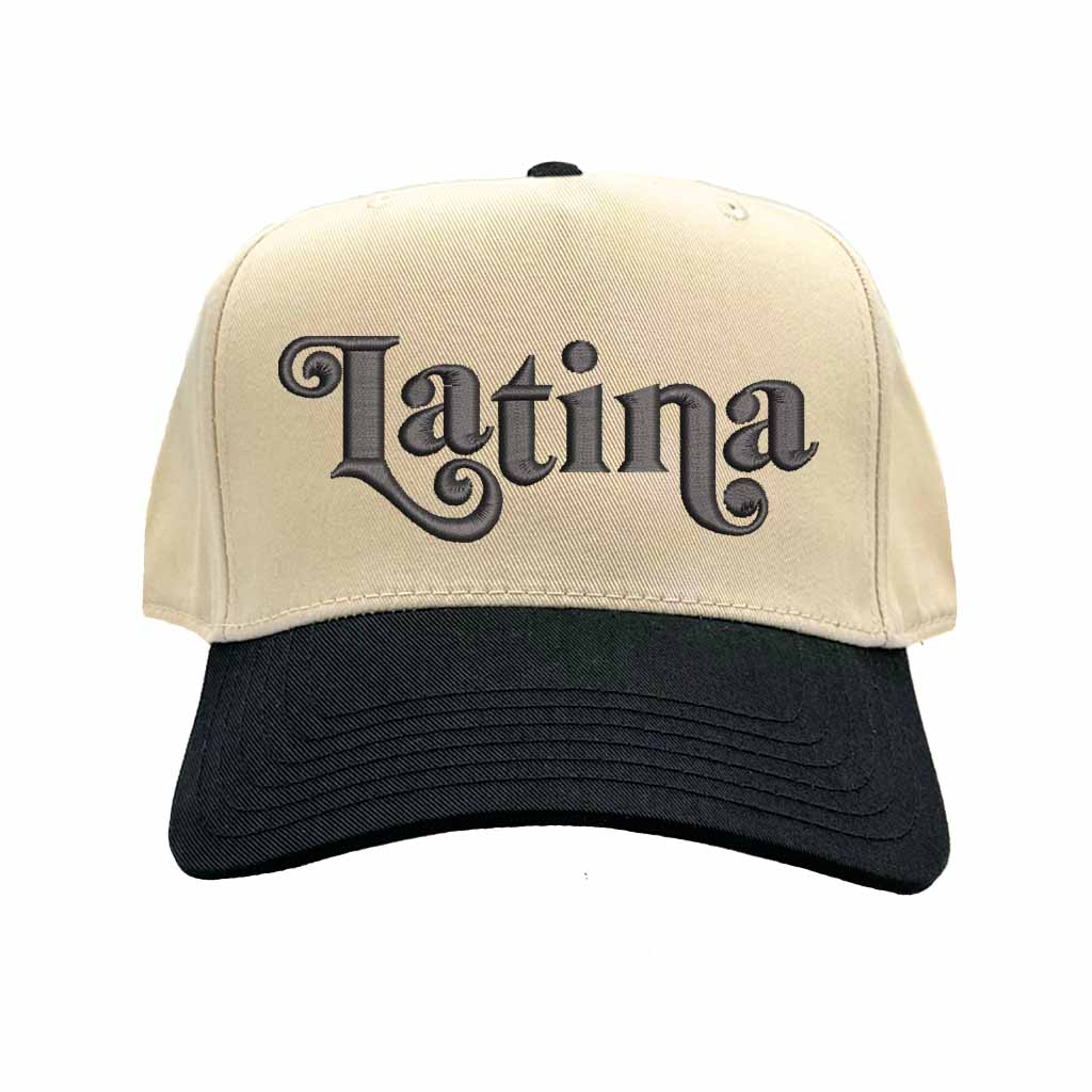 Natural Black Latina Embroidered Baseball Hat with retro two-tone 5-panel design, bold Latina text embroidery, and adjustable snapback closure – DSY Lifestyle