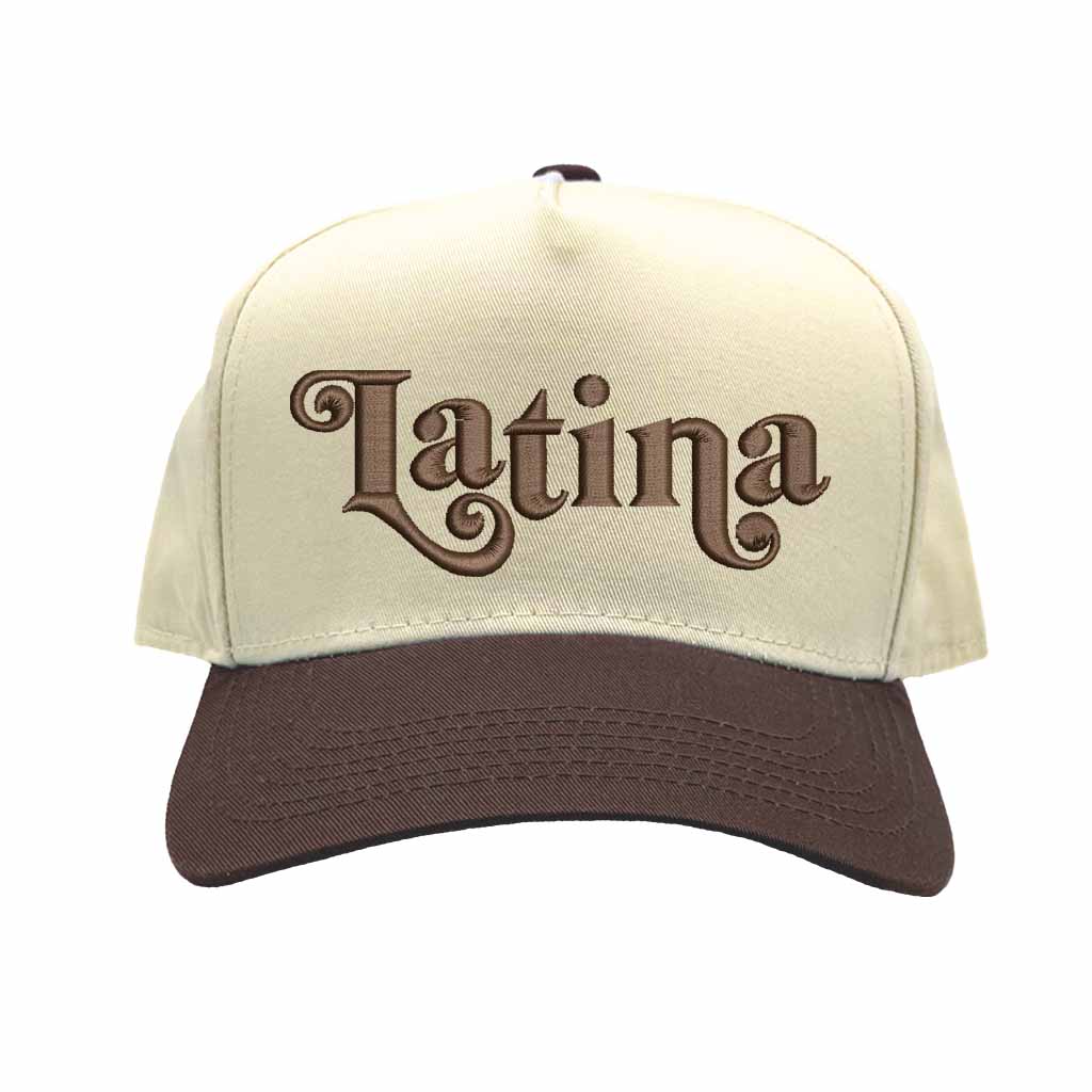 Natural Brown Latina Embroidered Baseball Hat with retro two-tone 5-panel design, bold Latina text embroidery, and adjustable snapback closure – DSY Lifestyle