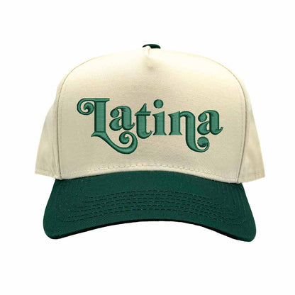 Natural Forest Green Latina Embroidered Baseball Hat with retro two-tone 5-panel design, bold Latina text embroidery, and adjustable snapback closure – DSY Lifestyle