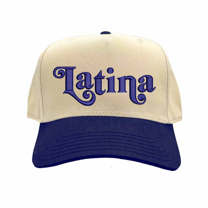 Natural Navy Blue Latina Embroidered Baseball Hat with retro two-tone 5-panel design, bold Latina text embroidery, and adjustable snapback closure – DSY Lifestyle