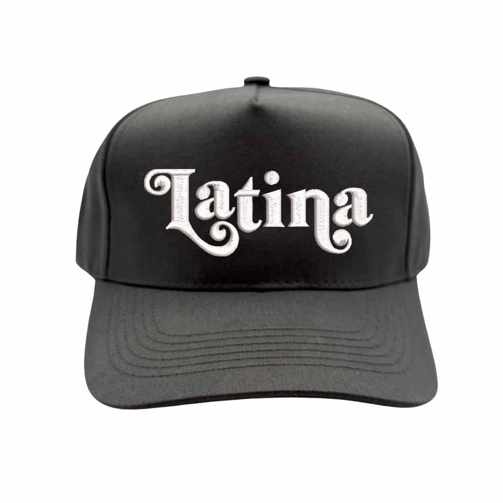 Black Latina Embroidered Baseball Hat with retro 5-panel design, bold Latina text embroidery, and adjustable snapback closure – DSY Lifestyle