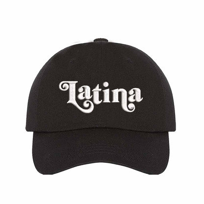 Black Latina Retro Embroidered Baseball Hat featuring classic “LATINA” embroidery with adjustable hook and loop closure and breathable cotton fabric – DSY Lifestyle
