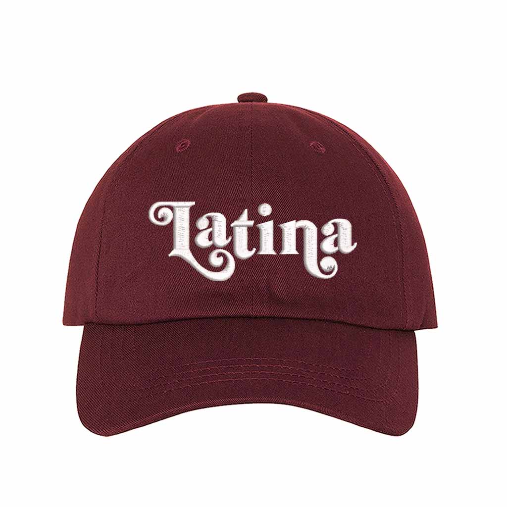 Burgundy Latina Retro Embroidered Baseball Hat featuring classic “LATINA” embroidery with adjustable hook and loop closure and breathable cotton fabric – DSY Lifestyle