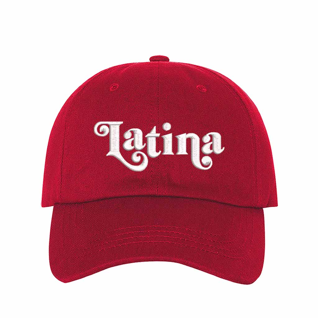 Red Latina Retro Embroidered Baseball Hat featuring classic “LATINA” embroidery with adjustable hook and loop closure and breathable cotton fabric – DSY Lifestyle