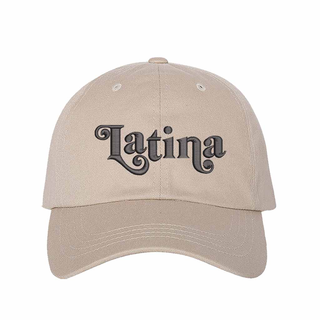 Stone with black thread Latina Retro Embroidered Baseball Hat featuring classic “LATINA” embroidery with adjustable hook and loop closure and breathable cotton fabric – DSY Lifestyle