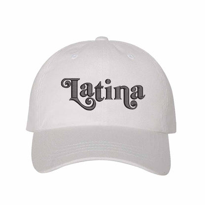 White with black thread Latina Retro Embroidered Baseball Hat featuring classic “LATINA” embroidery with adjustable hook and loop closure and breathable cotton fabric – DSY Lifestyle