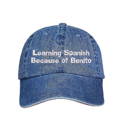 Light Denim Learning Spanish Because of Benito Super Bowl Embroidered Baseball Hat with premium embroidery and adjustable hook and loop closure – DSY Lifestyle