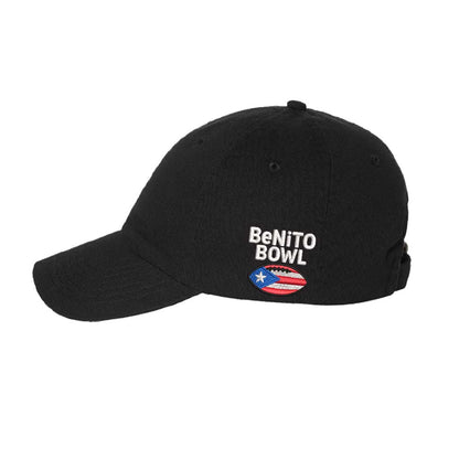 Black sideview with Benito Bowl emlbem Learning Spanish Because of Benito Super Bowl Embroidered Baseball Hat with premium embroidery and adjustable hook and loop closure – DSY Lifestyle